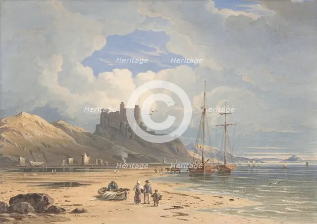 Bamborough Castle from the Northeast, with Holy Island in the Distance, Northumberland, 1827. Creator: John Varley I.