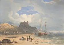Bamborough Castle from the Northeast, with Holy Island in the Distance, Northumberland, 1827. Creator: John Varley I