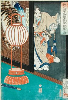 Ban Danemon Naoyuki Conquers the Old Raccoon Dog at Fukushima's Mansion, 1866 (image 1 of 2), 1866. Creator: Tsukioka Yoshitoshi