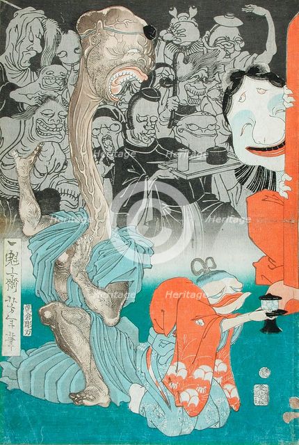 Ban Danemon Naoyuki Conquers the Old Raccoon Dog at Fukushima's Mansion, 1866 (image 2 of 2), 1866. Creator: Tsukioka Yoshitoshi.