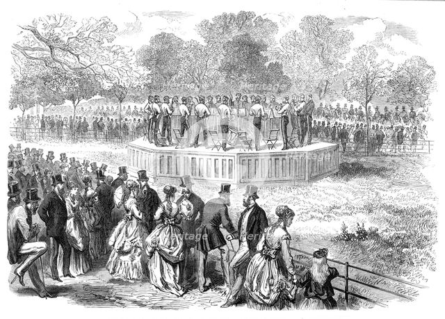 Band of the Life Guards playing on the new platform in Hyde Park, 1869. Creator: Unknown.