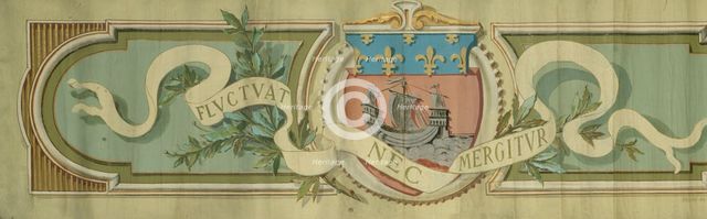 Bandeau décoratif avec les armes de la ville de Paris, un phylactère portant la devise et..., c1889. Creator: Louis Gilbert Bellan.