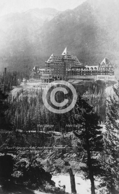 Banff Springs Hotel, from Tunnel Mountain, Banff National Park, Alberta, Canada, c1930s(?).Artist: Marjorie Bullock
