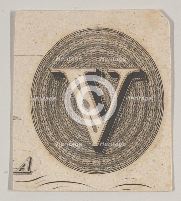 Banknote motif: capital V within an oval containing basket-like lathe work, ca. 1824-42. Creator: Durand, Perkins & Co.
