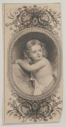 Banknote motif: a child's portrait and two patterned ovals surrounded by a floral f..., ca. 1824-37. Creator: Attributed to Asher Brown Durand