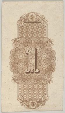 Banknote motif: ornamental number 1 against a panel of lathe work elements, adjoini..., ca. 1824-42. Creator: Durand, Perkins & Co