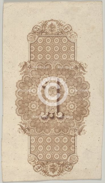 Banknote motif: ornamental number 1 against a panel of lathe work elements, adjoini..., ca. 1824-42. Creator: Durand, Perkins & Co.