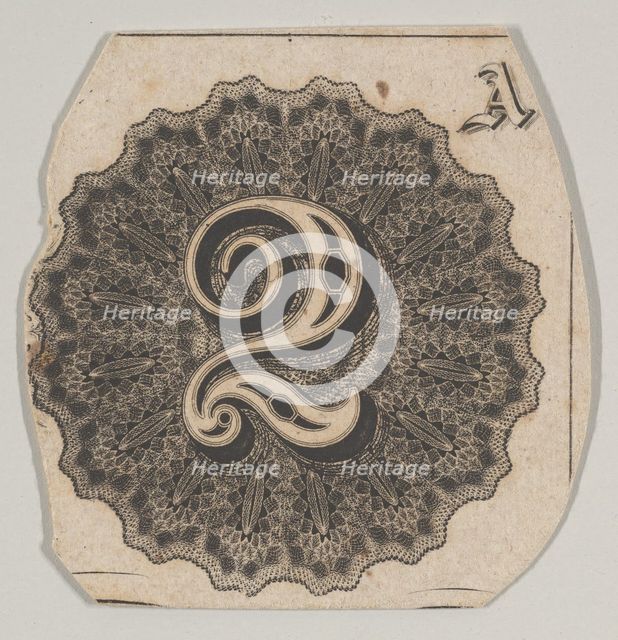 Banknote motif: number 2 against a circular panel of lathe work with a scalloped ed..., ca. 1824-42. Creator: Durand, Perkins & Co.
