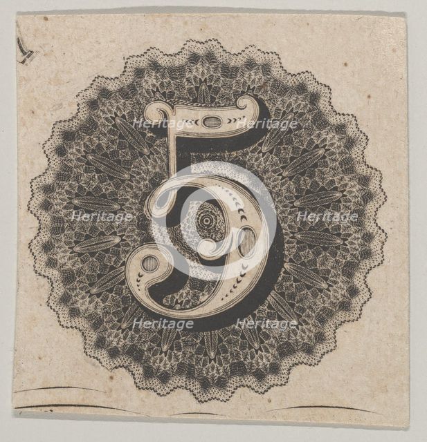 Banknote motif: number 5 against a circular panel of lace-like lathe work with a sc..., ca. 1824-42. Creator: Durand, Perkins & Co.