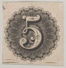 Banknote motif: number 5 against a circular panel of lace-like lathe work with a sc..., ca. 1824-42. Creator: Durand, Perkins & Co