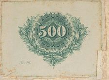 Banknote motif: number 500 at the center of a circular design of lathe work with wa..., ca. 1824-42. Creator: Durand, Perkins & Co