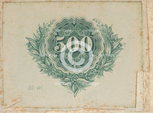 Banknote motif: number 500 at the center of a circular design of lathe work with wa..., ca. 1824-42. Creator: Durand, Perkins & Co.
