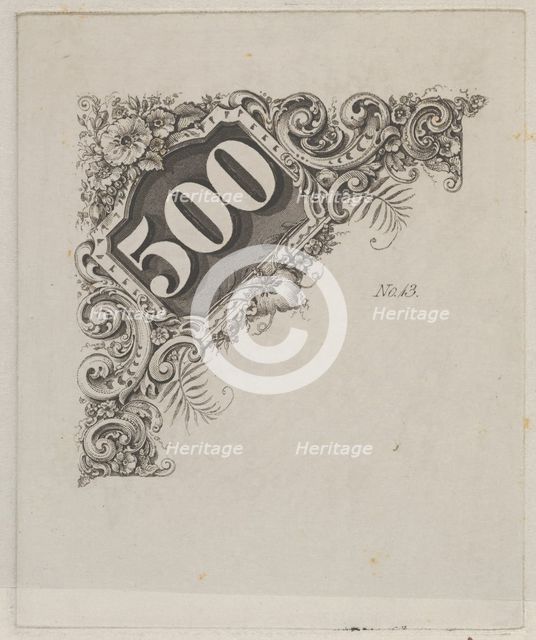 Banknote motif: number 500 in an ornamental frame, ca. 1824-42. Creator: Durand, Perkins & Co.