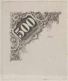 Banknote motif: number 500 in an ornamental frame, ca. 1824-42. Creator: Durand, Perkins & Co