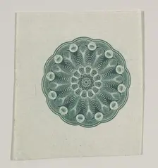 Banknote motif: small circular ornament containing floral lathe work, ca. 1824-42. Creator: Durand, Perkins & Co