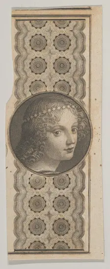 Banknote motif with a girl's head derived from Leonardo da Vinci against a patterne..., ca. 1824-37. Creator: Attributed to Asher Brown Durand
