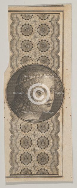 Banknote motif with a girl's head derived from Leonardo da Vinci against a patterne..., ca. 1824-37. Creator: Attributed to Asher Brown Durand.