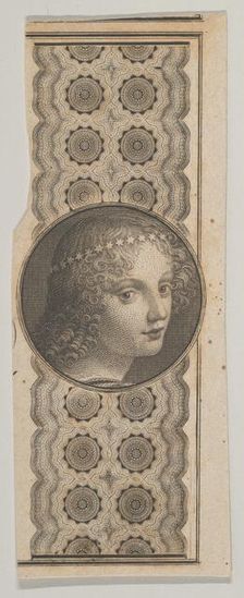 Banknote motif with a girl's head derived from Leonardo da Vinci against a patterne..., ca. 1824-37. Creator: Attributed to Asher Brown Durand
