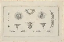 Banknote motif: ten different ornamental lathe work elements including a disk embel..., ca. 1824-42. Creator: Durand, Perkins & Co