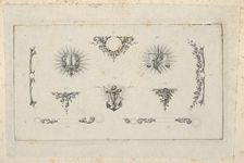 Banknote motif: ten different ornamental lathe work elements including a disk embel..., ca. 1824-42. Creator: Durand, Perkins & Co
