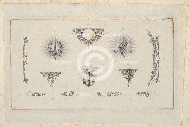 Banknote motif: ten different ornamental lathe work elements including a disk embel..., ca. 1824-42. Creator: Durand, Perkins & Co.