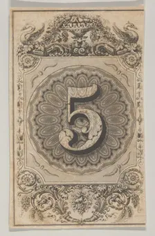 Banknote motif: the number 5 set against a scallop-edged circle of ornamental lathe..., ca. 1824-42. Creator: Durand, Perkins & Co