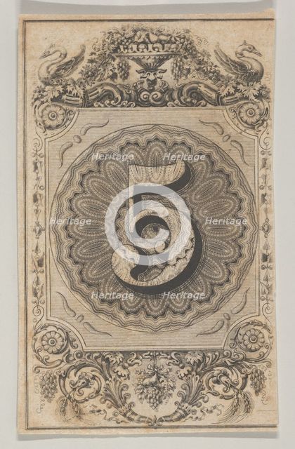 Banknote motif: the number 5 set against a scallop-edged circle of ornamental lathe..., ca. 1824-42. Creator: Durand, Perkins & Co.