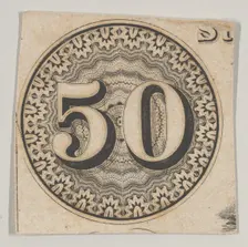 Banknote motif: the number 50 against an ornamental lathe work rondel resembling la..., ca. 1824-42. Creator: Durand, Perkins & Co