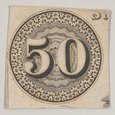 Banknote motif: the number 50 against an ornamental lathe work rondel resembling la..., ca. 1824-42. Creator: Durand, Perkins & Co