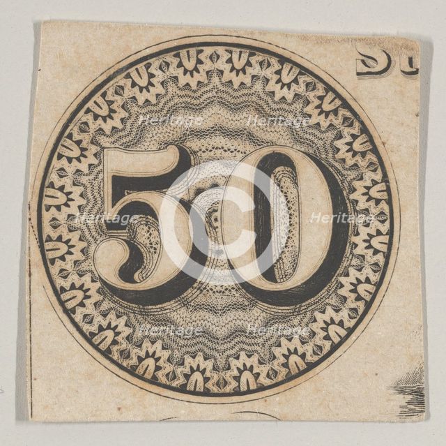Banknote motif: the number 50 against an ornamental lathe work rondel resembling la..., ca. 1824-42. Creator: Durand, Perkins & Co.