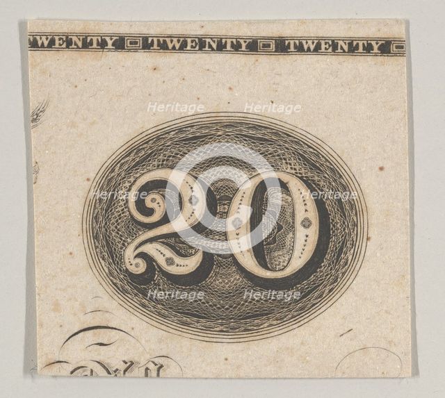 Banknote motif: the number 20 against an ornamental lathe work oval resembling wove..., ca. 1824-42. Creator: Durand, Perkins & Co.