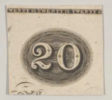 Banknote motif: the number 20 against an ornamental lathe work oval resembling wove..., ca. 1824-42. Creator: Durand, Perkins & Co