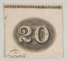 Banknote motif: the number 20 against an ornamental lathe work oval resembling wove..., ca. 1824-42. Creator: Durand, Perkins & Co