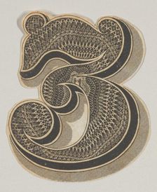 Banknote motif: the number 3, its interior composed of lathe work edged with a band..., ca. 1824-42. Creator: Durand, Perkins & Co