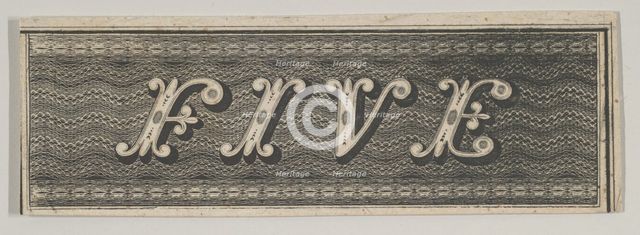 Banknote motif: the word FIVE against a rectangle of ornamental lathe work resembli..., ca. 1824-42. Creator: Durand, Perkins & Co.