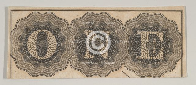 Banknote motif: the word ONE with each letter set against a circle of lathe work, c..., ca. 1824-42. Creator: Durand, Perkins & Co.