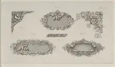Banknote motifs: six small lathe work designs for corners, frames and numbers, ca. ..., ca. 1824-42. Creator: Durand, Perkins & Co