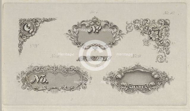 Banknote motifs: six small lathe work designs for corners, frames and numbers, ca. ..., ca. 1824-42. Creator: Durand, Perkins & Co.