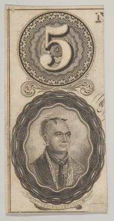 Banknote motifs: the number 5 and a portrait of Thayendanegea, ca. 1824-37. Creator: Attributed to Asher Brown Durand