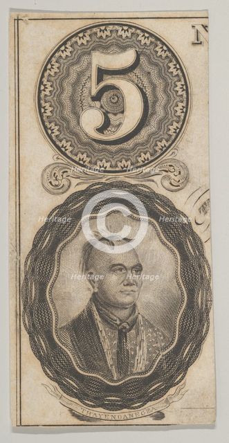 Banknote motifs: the number 5 and a portrait of Thayendanegea, ca. 1824-37. Creator: Attributed to Asher Brown Durand.