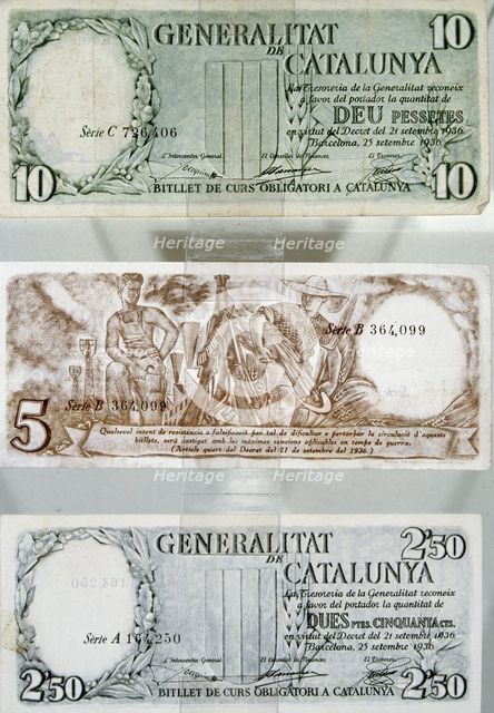 Banknotes of 10 pesetas of legal tender issued by the Generalitat de Catalonia during the Spanish…