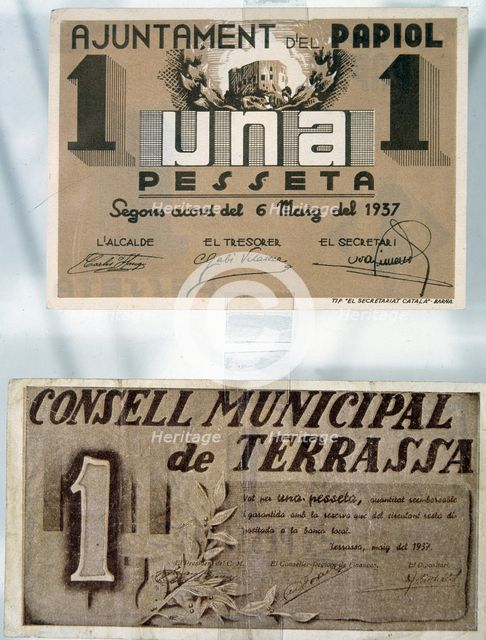 Banknotes issued by the municipalities of Papiol and Terrassa in May 1937 during the Spanish Civi…