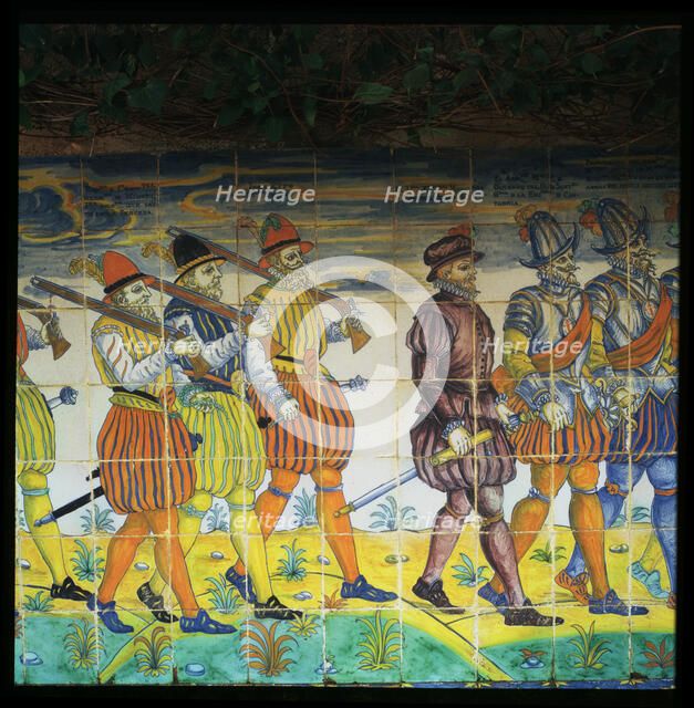 Bank of Talavera ceramic tiles in the garden of the Palace of the Marquis of Santa Cruz, they rep…