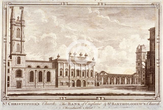 Bank of England, St Christopher-le-Stocks and St Bartholomew-by-the-Exchange, London, c1775. Artist: Adam Smith