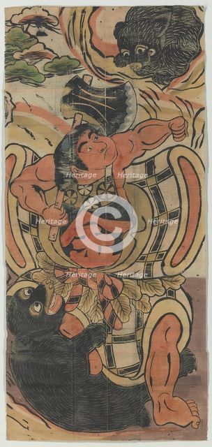 Banner Depicting Kintaro Battling Bears, 18th century. Creator: Unknown.