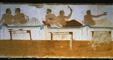 Banquet in which a deceased participates. Detail of a painting in the Jumper Tomb at Paestum