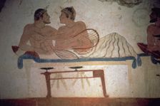 Banquet in which a deceased participates. Detail of a painting in the Jumper Tomb at Paestum