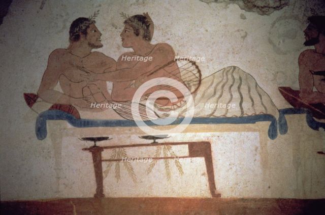 Banquet in which a deceased participates. Detail of a painting in the Jumper Tomb at Paestum.