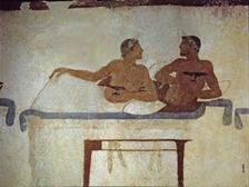 Banquet in which a deceased participates. Detail of a painting in the Jumper Tomb at Paestum