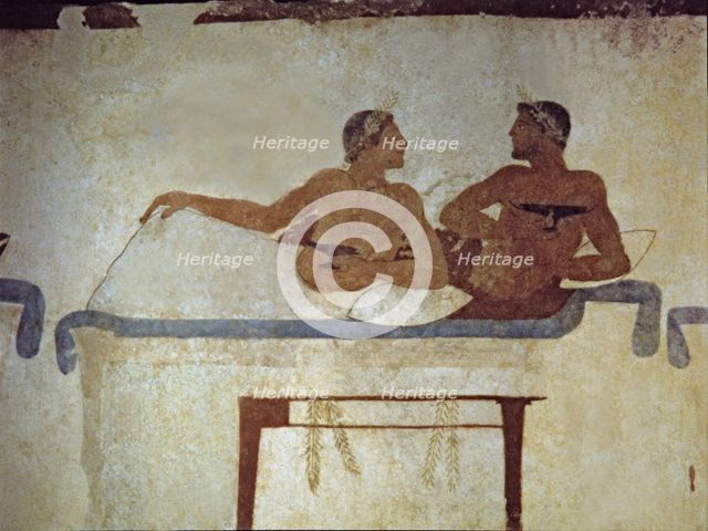 Banquet in which a deceased participates. Detail of a painting in the Jumper Tomb at Paestum.